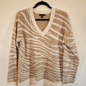 Banana Republic Cream Brown Animal Print Patterned Oversized V-Neck Sweater Sz M
